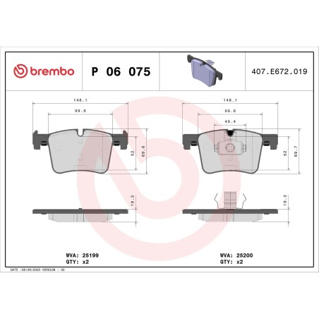 Brake Pad Set, disc brake BREMBO P06075