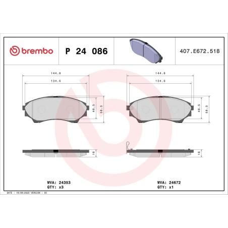 Brake Pad Set, disc brake BREMBO P24086