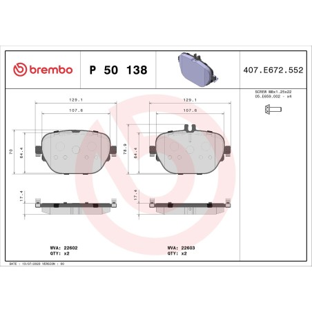 Brake Pad Set, disc brake BREMBO P50138