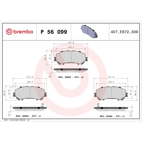 Brake Pad Set, disc brake BREMBO P56099