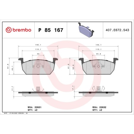 Brake Pad Set, disc brake BREMBO P85167