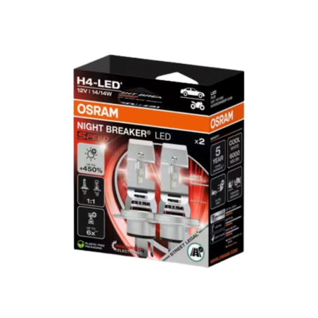 Osram Lamps H4 Night Breaker LED Speed, 12V 14W 6000K, up to 450% more brightness, 2pcs