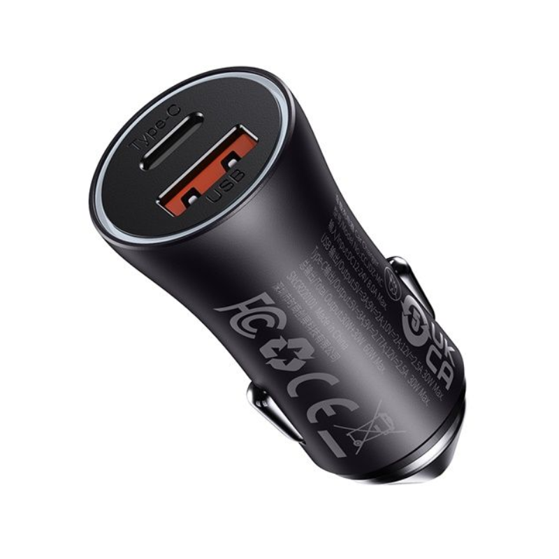 Baseus 12V 60W Car Charger with USB-A & USB-C Golden Contactor Max Dual, 1pc