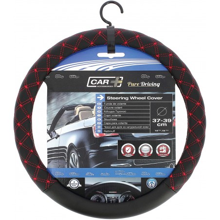 Steering Wheel Cover Black with Red Stitch 37-38cm