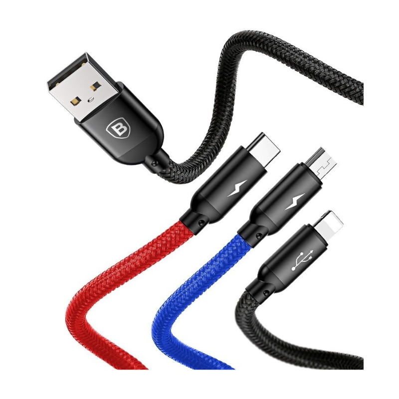 Baseus Καλώδιο 3in1 Φόρτισης Συγχρονισμού Type-C, Lighting, Micro USB 3A 1.20m - Μαύρο - CAMLT-BSY01
