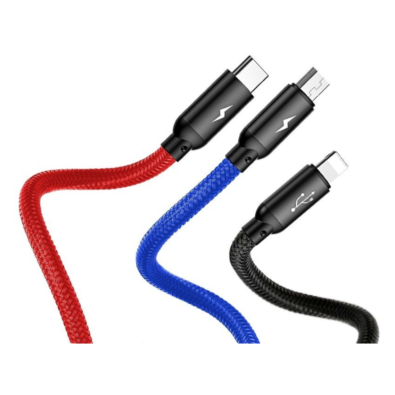 Baseus Καλώδιο 3in1 Φόρτισης Συγχρονισμού Type-C, Lighting, Micro USB 3A 1.20m - Μαύρο - CAMLT-BSY01