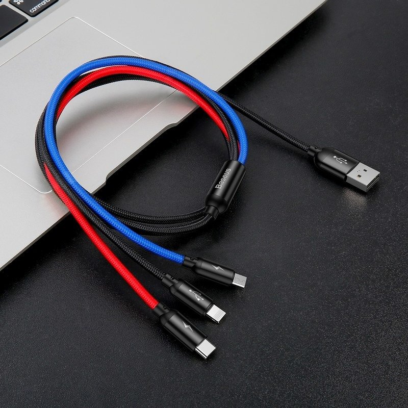 Baseus Καλώδιο 3in1 Φόρτισης Συγχρονισμού Type-C, Lighting, Micro USB 3A 1.20m - Μαύρο - CAMLT-BSY01