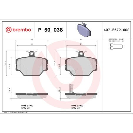 Brake Pad Set, disc brake BREMBO P50038