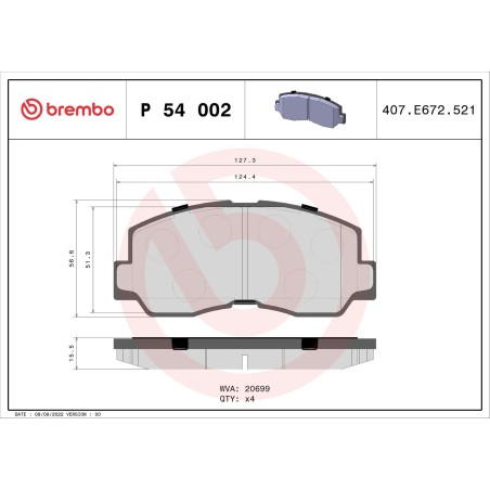 Brake Pad Set, disc brake BREMBO P54002