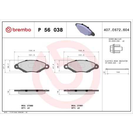 Σετ τακάκια, δισκόφρενα BREMBO P56038