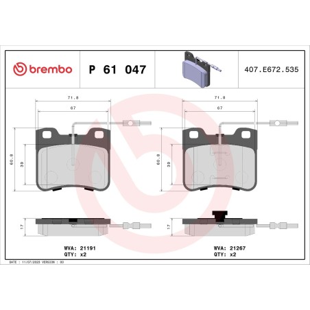 Brake Pad Set, disc brake BREMBO P61047