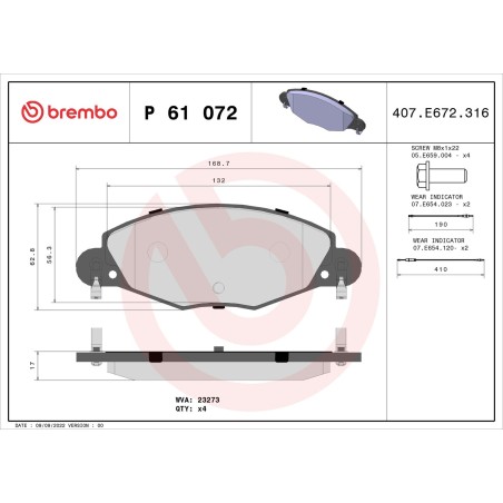 Brake Pad Set, disc brake BREMBO P61072