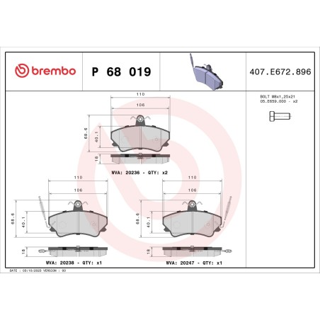 Σετ τακάκια, δισκόφρενα BREMBO P68019