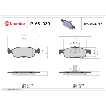 Brake Pad Set, disc brake BREMBO P68039