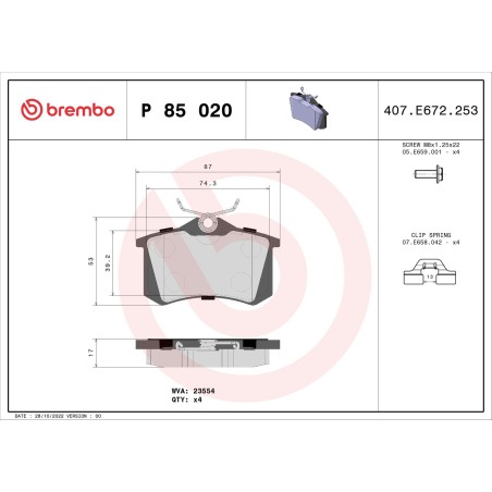 Brake Pad Set, disc brake BREMBO P85020