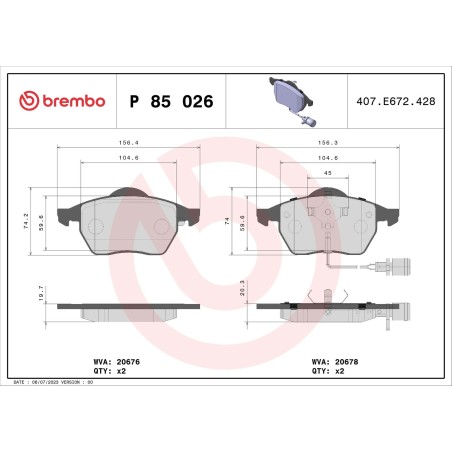 Brake Pad Set, disc brake BREMBO P85026