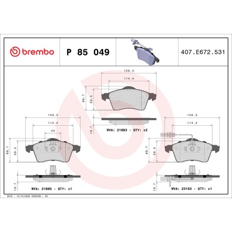 Brake Pad Set, disc brake BREMBO P85049