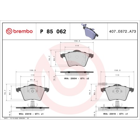 Brake Pad Set, disc brake BREMBO P85062