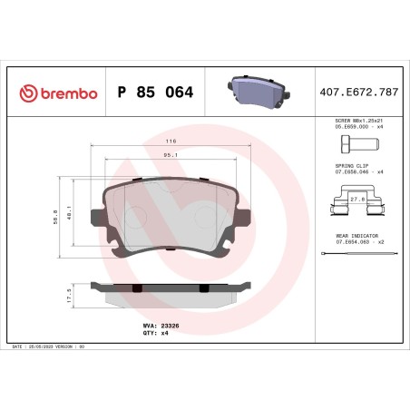 Brake Pad Set, disc brake BREMBO P85064