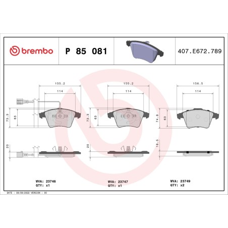 Brake Pad Set, disc brake BREMBO P85081