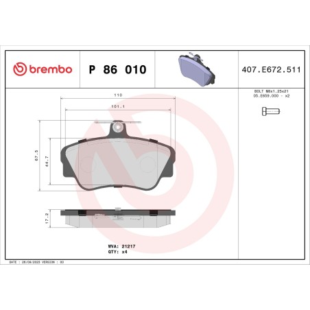 Brake Pad Set, disc brake BREMBO P86010