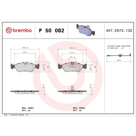 Brake Pad Set, disc brake BREMBO P50082