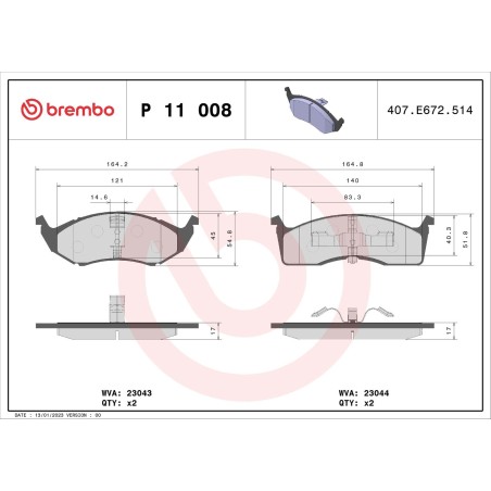 Brake Pad Set, disc brake BREMBO P11008