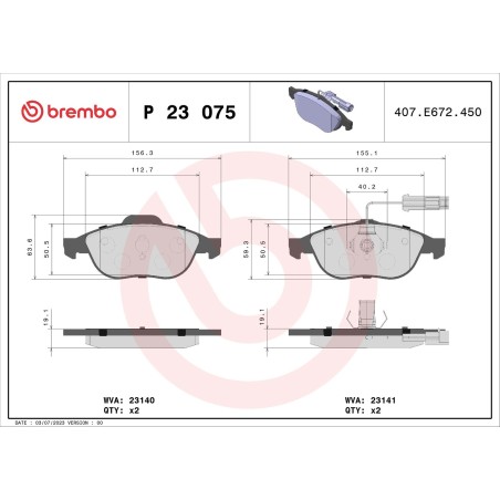 Brake Pad Set, disc brake BREMBO P23075